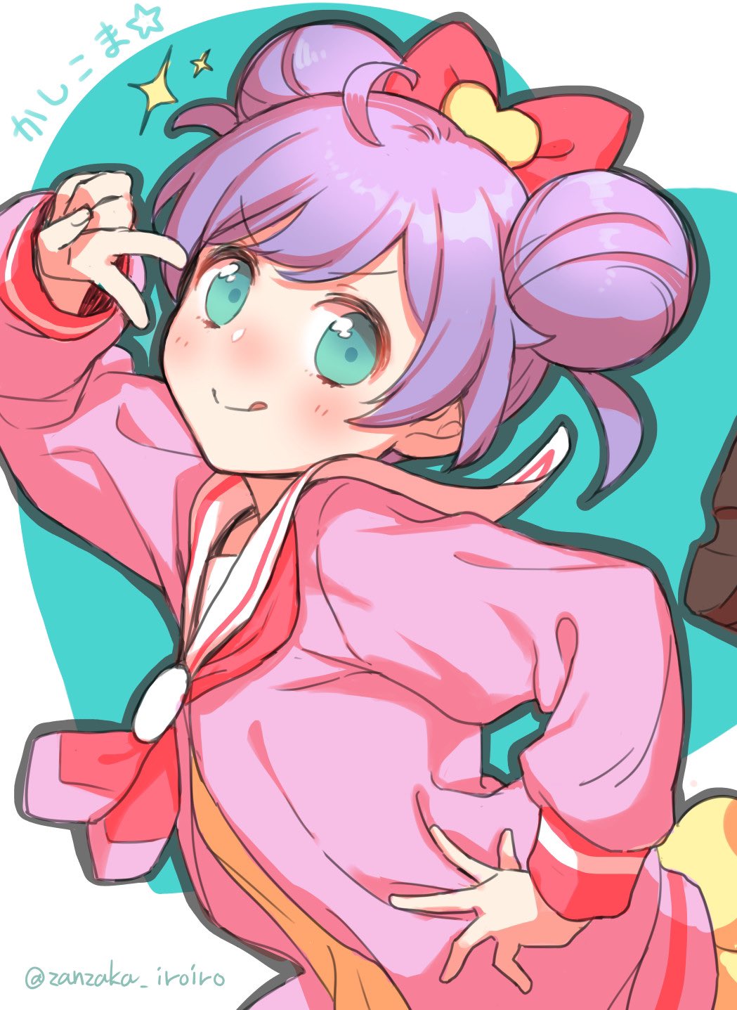 1girl, ahoge, blush, bow, cardigan, catchphrase, closed_mouth, cowboy_shot, double_bun, dress, hair_bow, hair_bun, hand_on_own_hip, hand_up, highres, kashikoma!, long_sleeves, looking_at_viewer, manaka_laala, manaka_laala_(young), neckerchief, paprika_private_academy_school_uniform, pink_bow, pink_cardigan, pink_neckerchief, pretty_series, pripara, purple_hair, sailor_collar, school_uniform, short_hair, smile, solo, sparkle, tongue, tongue_out, v, v_over_eye, white_sailor_collar, yellow_dress, zanzaka_(zanzaka_iroiro)