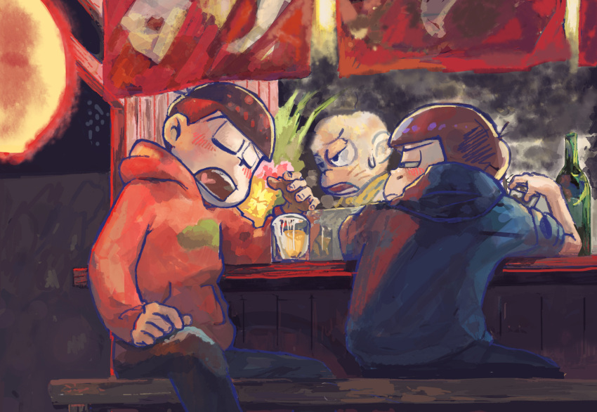 3boys, bald, beer_mug, blue_hoodie, blush, brothers, chibita, cup