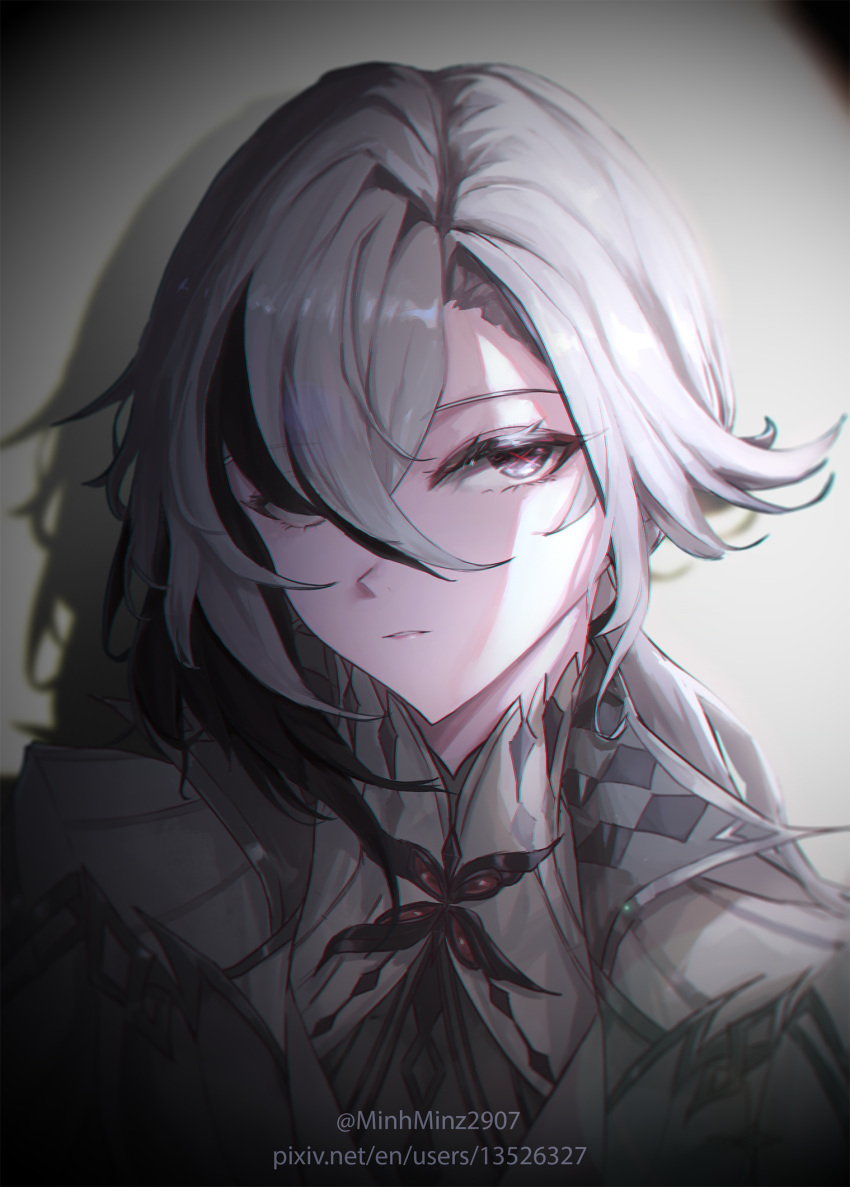1girl, arlecchino_(genshin_impact), coat, commentary_request, drop_shadow, genshin_impact, grey_coat, grey_eyes
