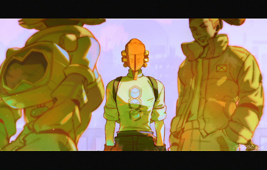 1girl, 2boys, bel_(bomb_rush_cyberfunk), bomb_rush_cyberfunk, closed_eyes, cyberhead, facing_another, facing_viewer, highres, jacket, jetpack, letterboxed, multiple_boys, ombeo_o, red_(bomb_rush_cyberfunk), sleeves_rolled_up, smile, solo_focus, standing, tryce_(bomb_rush_cyberfunk), twitter_username, upper_body