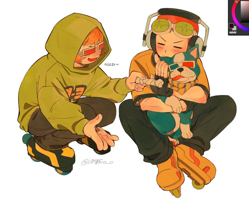 2boys, 3d_glasses, art_tools_in_frame, beat_(jsr), blush, closed_eyes, color_wheel, dog