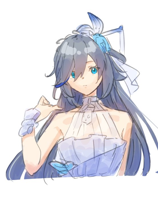 1girl, bare_shoulders, bird_hair_ornament, blue_eyes, blue_hair, bow, closed_mouth, dmr_pic, dress, earrings, fu_hua, fu_hua_(azure_empyrea), fu_hua_(cerulean_court), grey_hair, hair_bow, hair_ornament, hair_over_one_eye, halter_dress, halterneck, honkai_(series), honkai_impact_3rd, jewelry, long_hair, looking_at_viewer, multicolored_clothes, multicolored_dress, official_alternate_costume, simple_background, single_earring, sleeveless, sleeveless_dress, solo, wedding_dress, white_background, white_dress