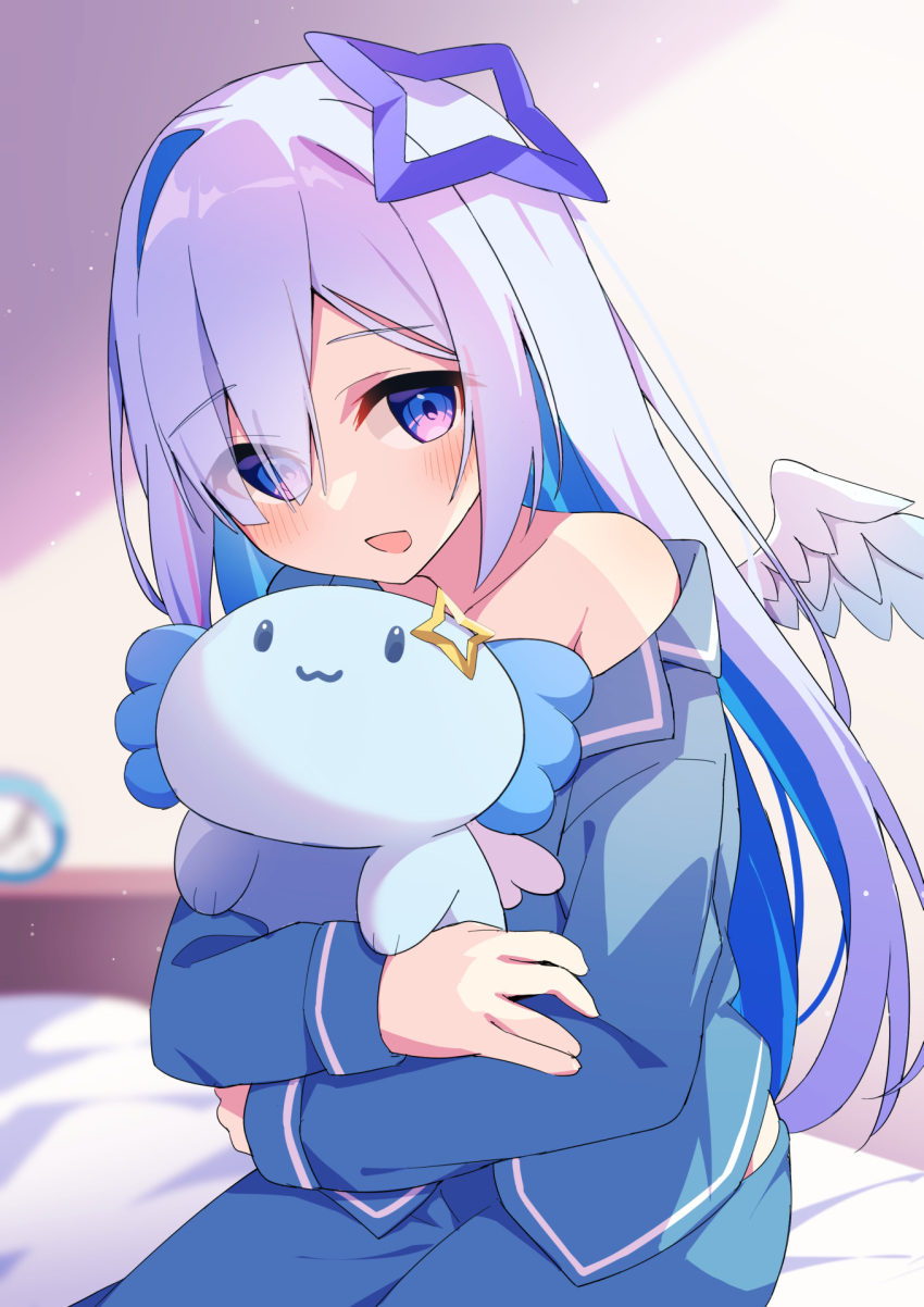 1girl, alternate_costume, amane_kanata, angel, angel_wings, blue_hair, blue_pants, blue_shirt