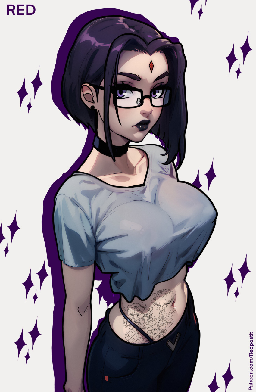 1girl, absurdres, ai-assisted, black_choker, black_hair, black_lips, bob_cut, breasts