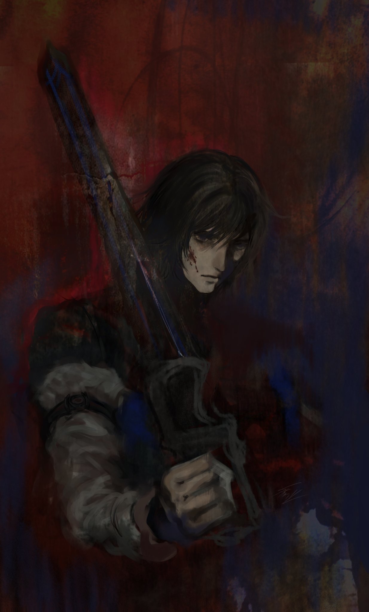 1boy, armor, blood, blood_on_face, blood_on_weapon, brown_hair, caim_(drag-on_dragoon), clenched_hand
