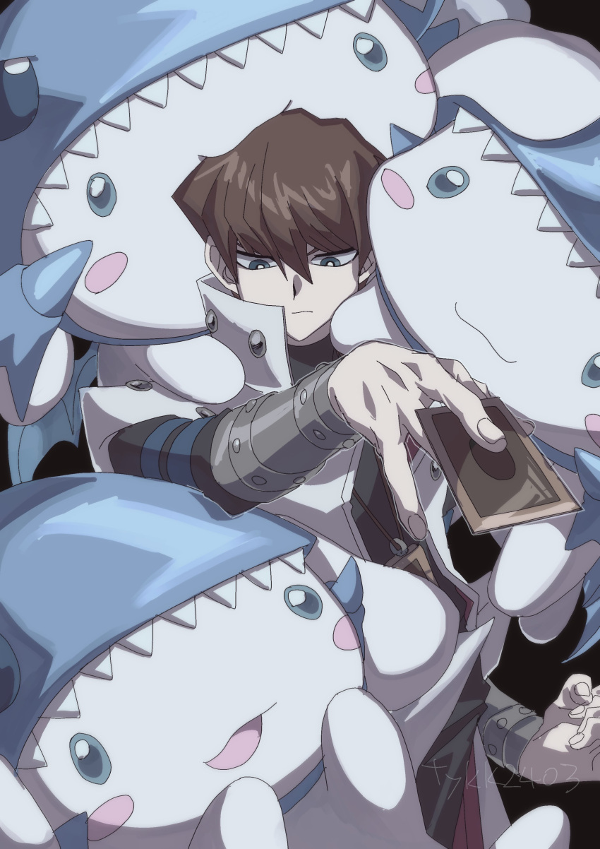 1boy, absurdres, black_background, black_shirt, blue-eyes_white_dragon, blue-eyes_white_dragon_(cosplay), blue_eyes, blush_stickers, brown_hair, cinnamoroll, clenched_hand, coat, cosplay, highres, jewelry, kaiba_seto, looking_down, male_focus, medium_hair, necklace, sanrio, shirt, simple_background, skmkst, upper_body, white_coat, yu-gi-oh!, yu-gi-oh!_duel_monsters
