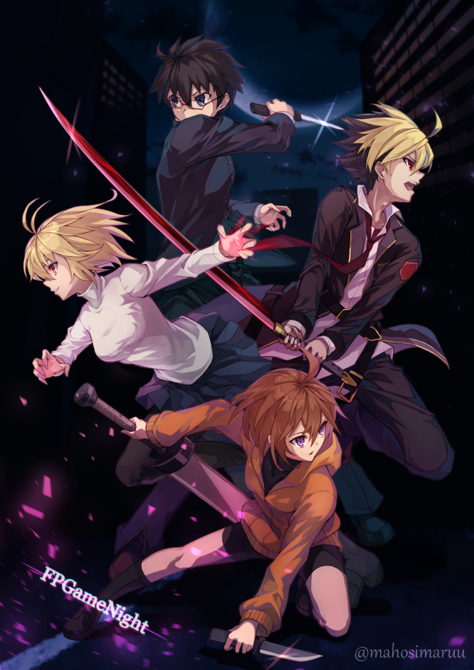 2boys, 2girls, ahoge, arcueid_brunestud, belt, black_jacket, black_pantyhose, black_shorts