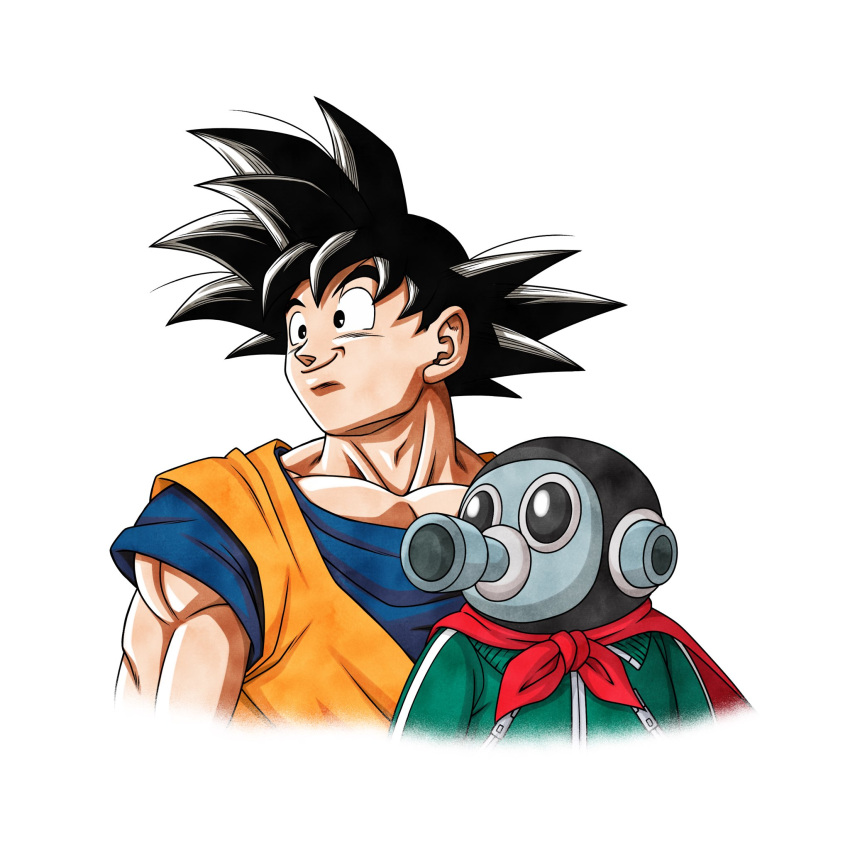 black_hair, blue_shirt, dbkenkyuusei, dragon_ball, dragon_ball_z, gas_mask, highres, looking_to_the_side, mask, medium_hair, muscular, muscular_male, orange_shirt, robot, shirt, simple_background, sleeveless, sleeveless_shirt, son_goku, spiky_hair, toriyama_akira_(character), upper_body, white_background