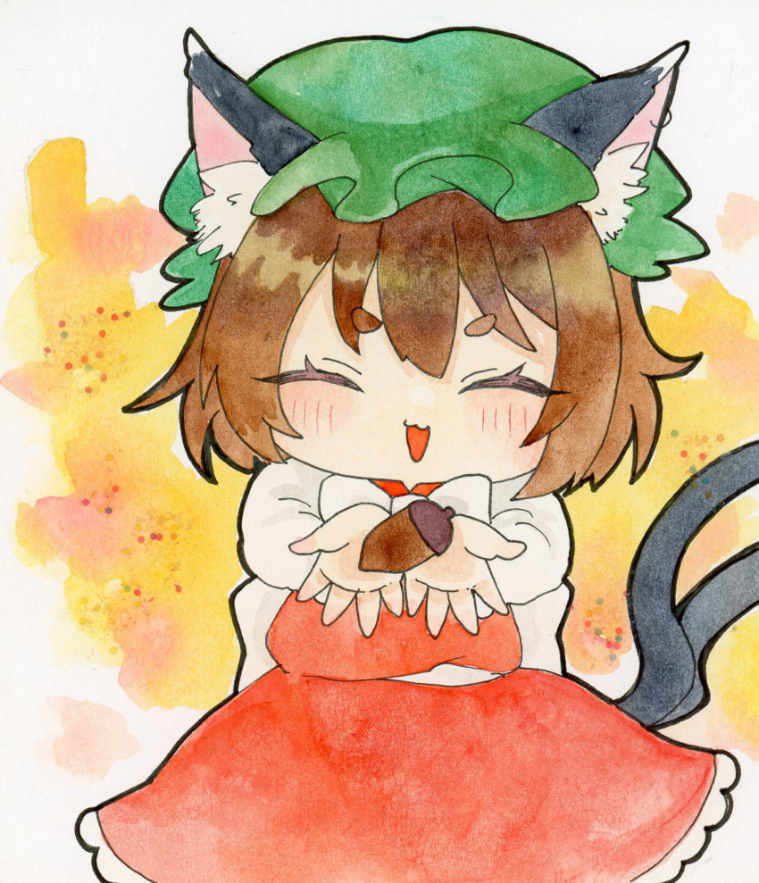 1girl, :3, :d, acorn, animal_ear_fluff, animal_ears, arms_up, blush