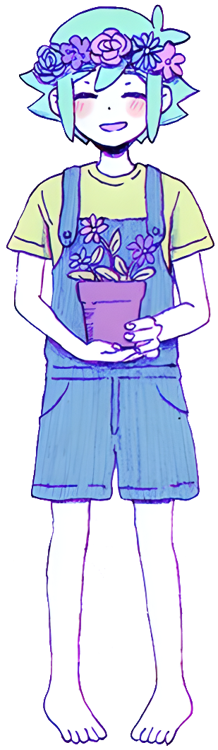 1boy, antenna_hair, aqua_hair, barefoot, basil_(headspace)_(omori), basil_(omori), blue_flower, blue_overalls