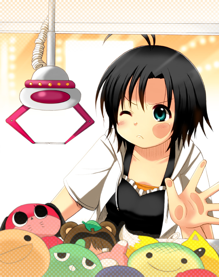 antenna_hair, black_hair, blue_eyes, blush, crane_game, gachapin, hirake!_ponkikki, idolmaster, kikuchi_makoto, kotobuki_maimu, maromi, mousou_dairinin, plush, short_hair, solo, stuffed_toy, wince, wink