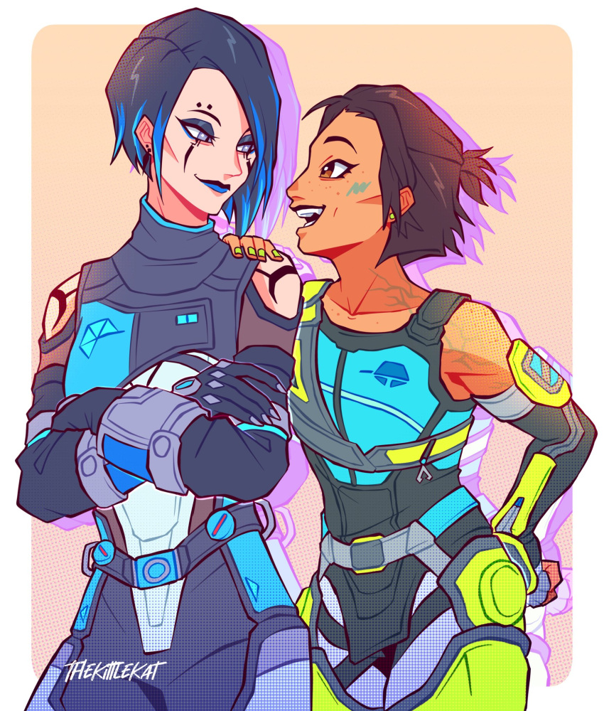 2girls, apex_legends, artist_name, black_bodysuit, black_eyeshadow, black_gloves, black_hair, blue_eyeliner