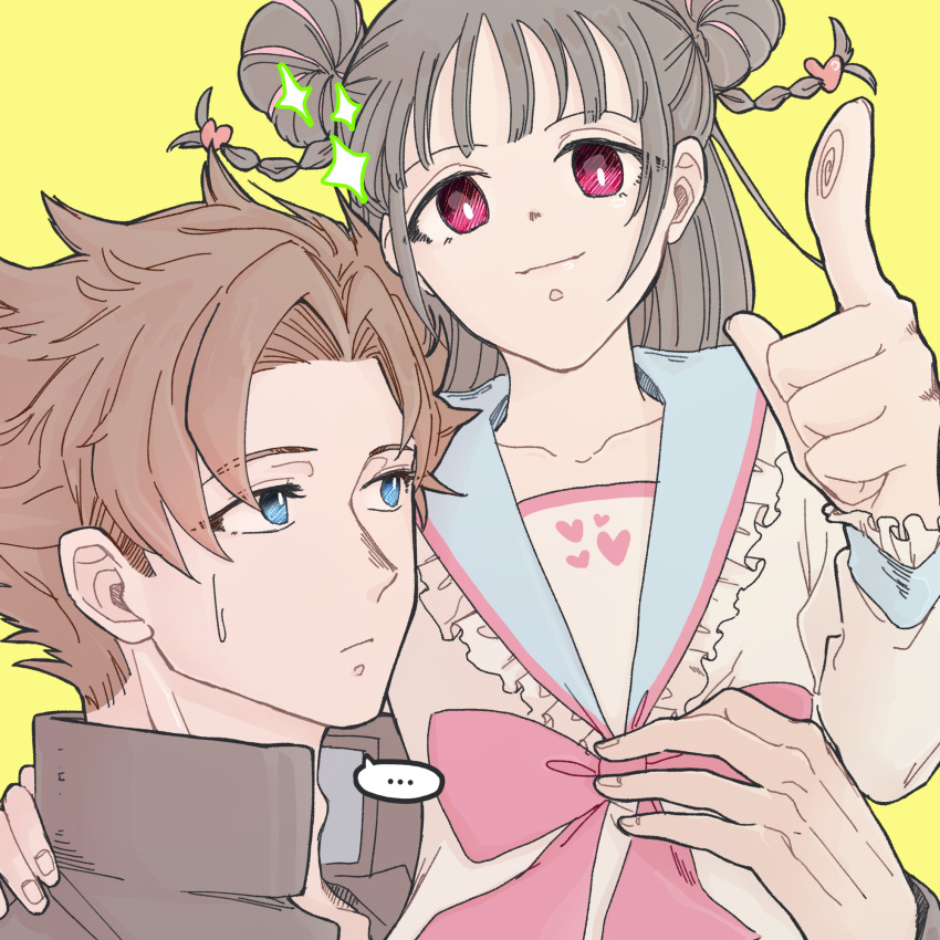 ..., 1boy, 1girl, asamine_matakara, black_hair, blue_eyes, bow, braid