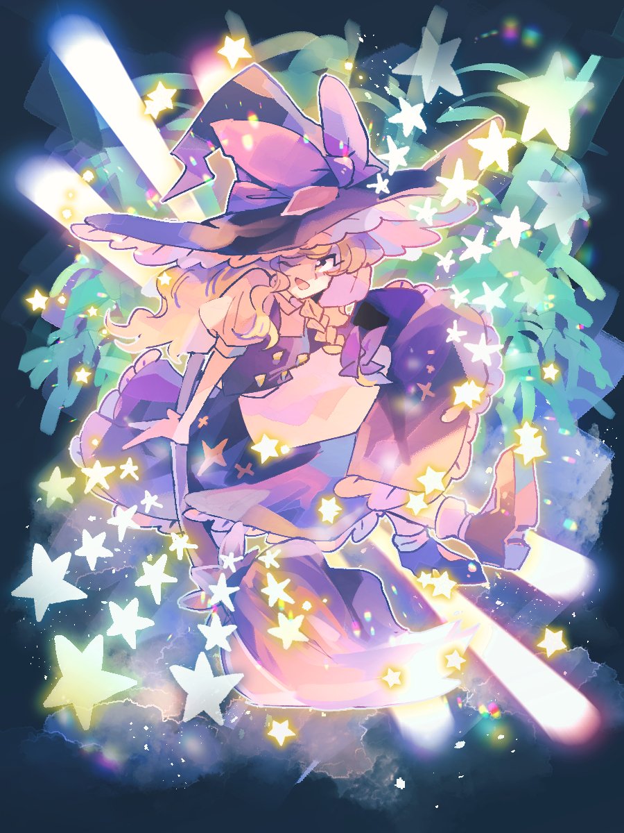 1girl, apron, bare_arms, black_border, black_footwear, black_headwear, black_skirt, black_vest, blonde_hair, border, bow, braid, broom, broom_riding, danmaku, frills, full_body, hair_bow, hat, hat_bow, highres, kirisame_marisa, light_particles, long_hair, looking_at_viewer, one_eye_closed, open_mouth, puffy_short_sleeves, puffy_sleeves, purple_bow, ratto_(mobilis_1870), shirt, shoes, short_sleeves, single_braid, skirt, smile, socks, solo, star_(symbol), touhou, vest, waist_apron, white_apron, white_shirt, witch_hat, yellow_eyes