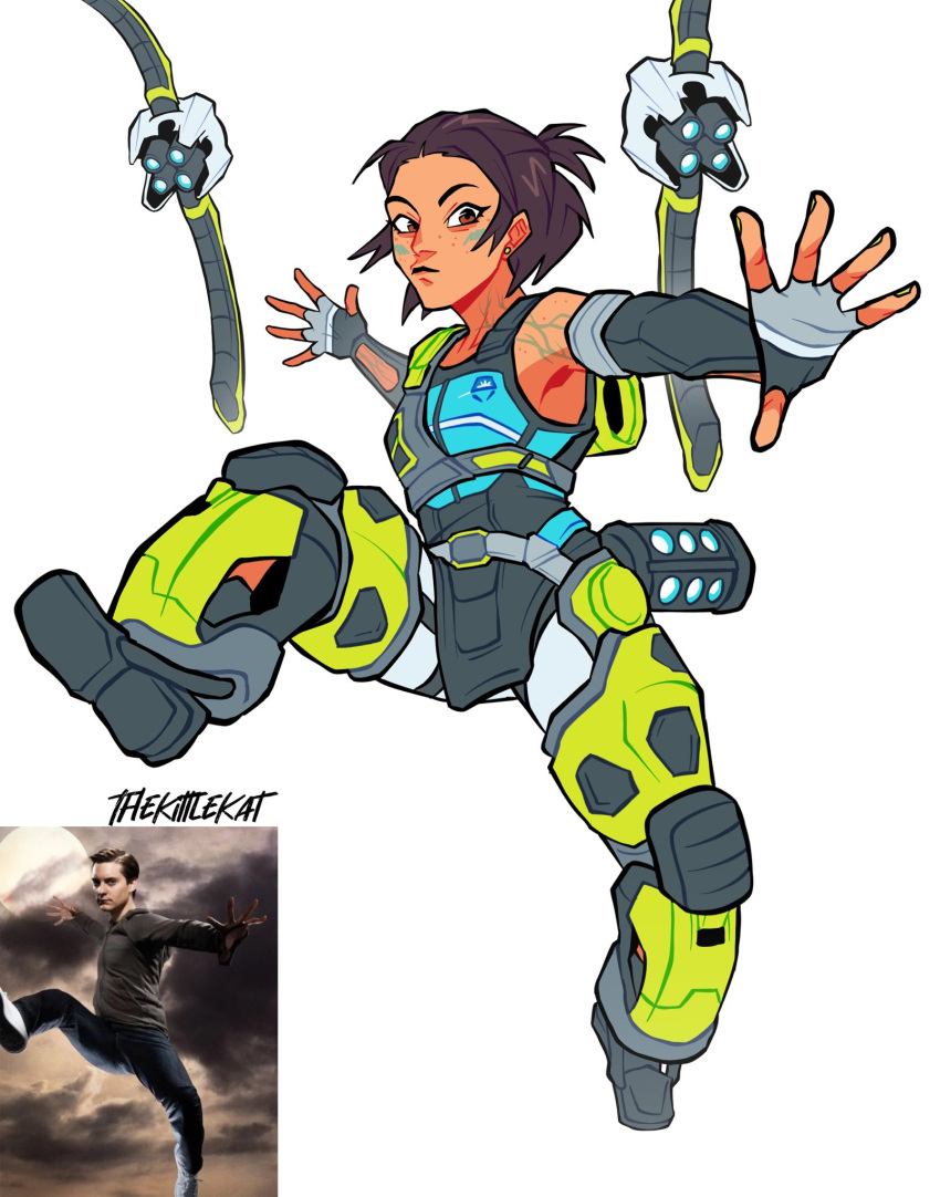 1girl, apex_legends, artist_name, black_gloves, blue_shirt, brown_eyes, brown_hair, conduit_(apex_legends)
