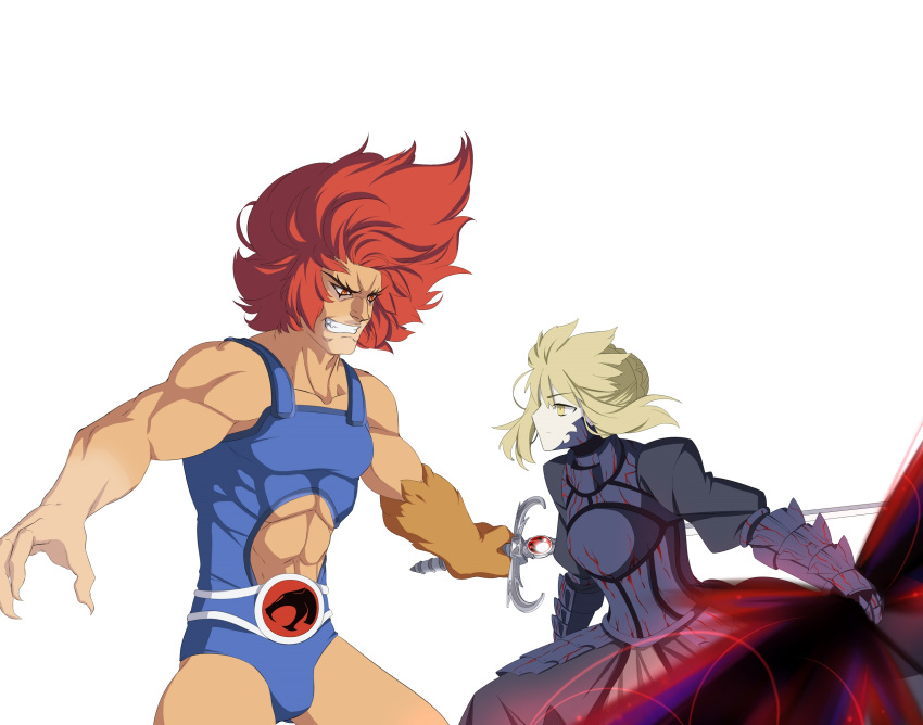 1boy, 1girl, armor, armored_dress, artoria_pendragon_(fate), battle, black_armor, black_dress