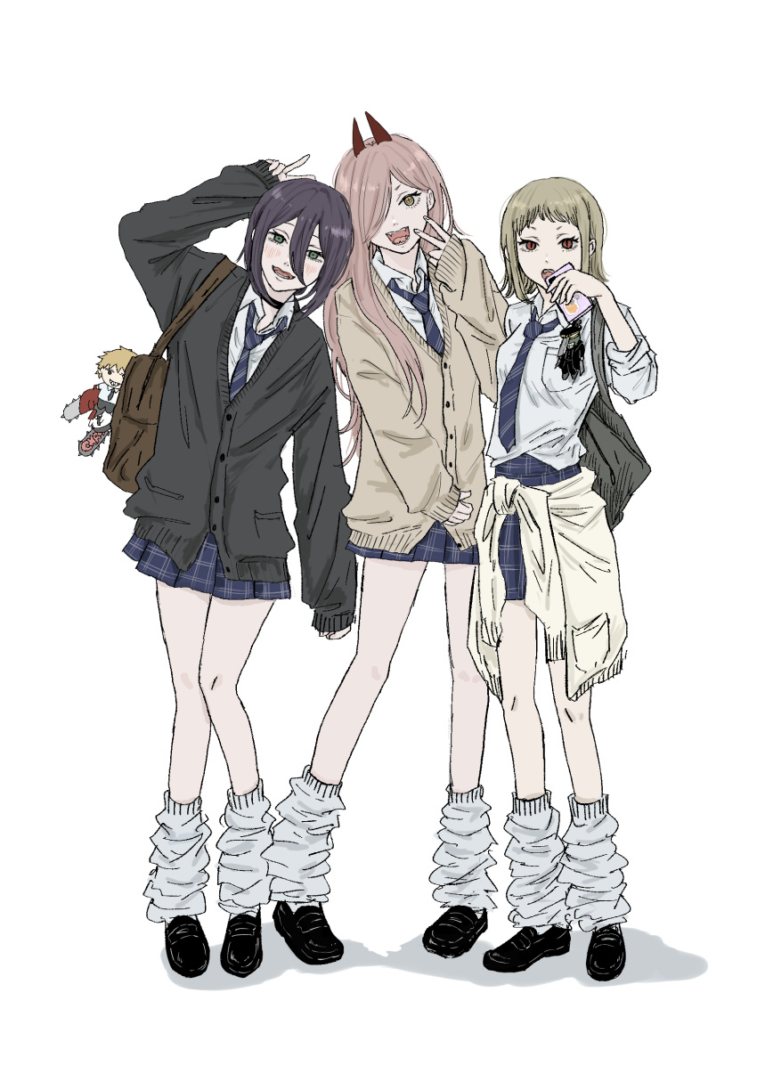 3girls, absurdres, bag, black_hair, blonde_hair, breasts, brown_eyes, cardigan, cardigan_around_waist, cellphone, chainsaw_man, character_doll, charm_(object), clothes_around_waist, commentary_request, cross-shaped_pupils, denji_(chainsaw_man), diagonal-striped_clothes, diagonal-striped_necktie, green_eyes, gyaru, hair_between_eyes, hair_over_one_eye, highres, holding, holding_bag, holding_phone, horns, iing_naoe, katana_man_(chainsaw_man), loose_necktie, loose_socks, medium_breasts, multiple_girls, necktie, phone, pink_hair, plaid, plaid_skirt, power_(chainsaw_man), red_horns, revision, reze_(chainsaw_man), sawatari_akane_(chainsaw_man), school_bag, school_uniform, skirt, sleeves_past_wrists, sleeves_rolled_up, smartphone, socks, striped_clothes, symbol-shaped_pupils, v, yellow_eyes
