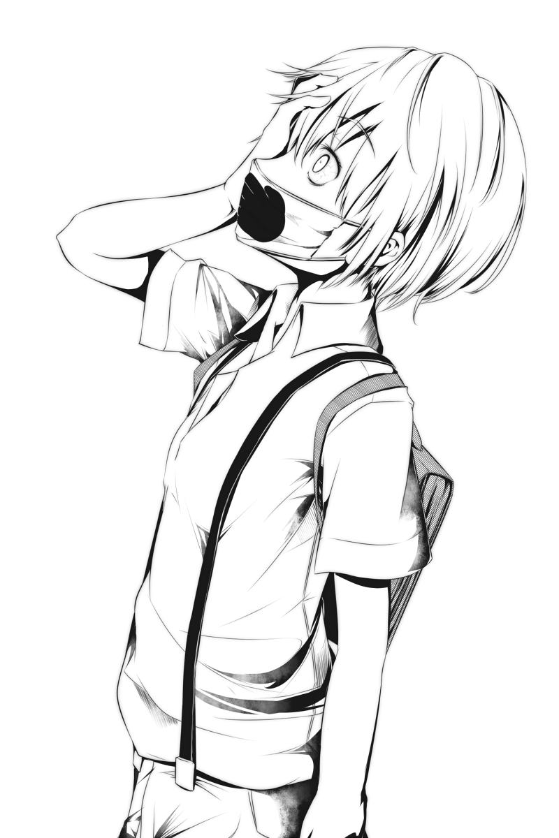 1girl, arm_up, bag, bare_arms, check_commentary, commentary_request, from_side, greyscale