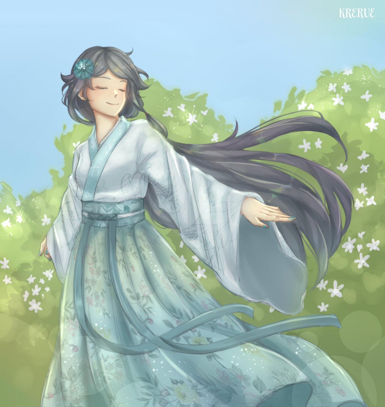 1girl, alternate_costume, aqua_flower, blue_background, blue_hair, blue_sky, china_dress, chinese_clothes