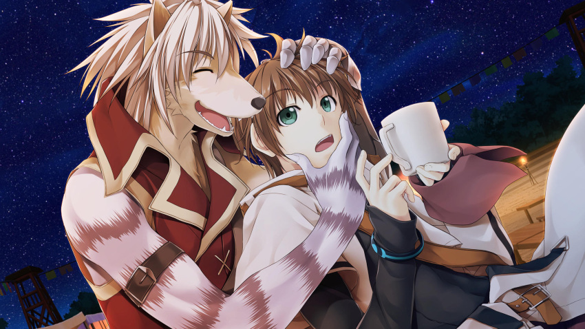 2boys, ^_^, alto_travers, animal_ears, animal_hands, atelier-moo, belt, brown_hair, closed_eyes, cup, dog_boy, dog_ears, dog_nose, fang, furry, green_eyes, hair_between_eyes, highres, holding, holding_cup, long_sleeves, multiple_boys, night, night_sky, open_mouth, short_hair, sky, smile, star_(sky), starry_sky, volk_dartfang, wizards_symphony, wolf_boy