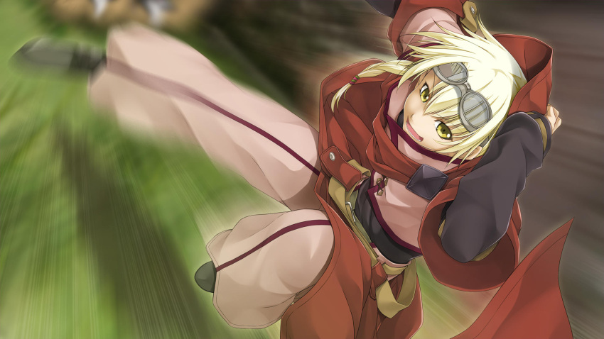 1boy, atelier-moo, belt, blonde_hair, braid, full_body, goggles, goggles_on_head