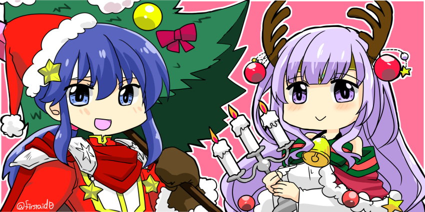 1boy, 1girl, alternate_costume, antlers, blue_hair, brother_and_sister, candle, christmas_ornaments