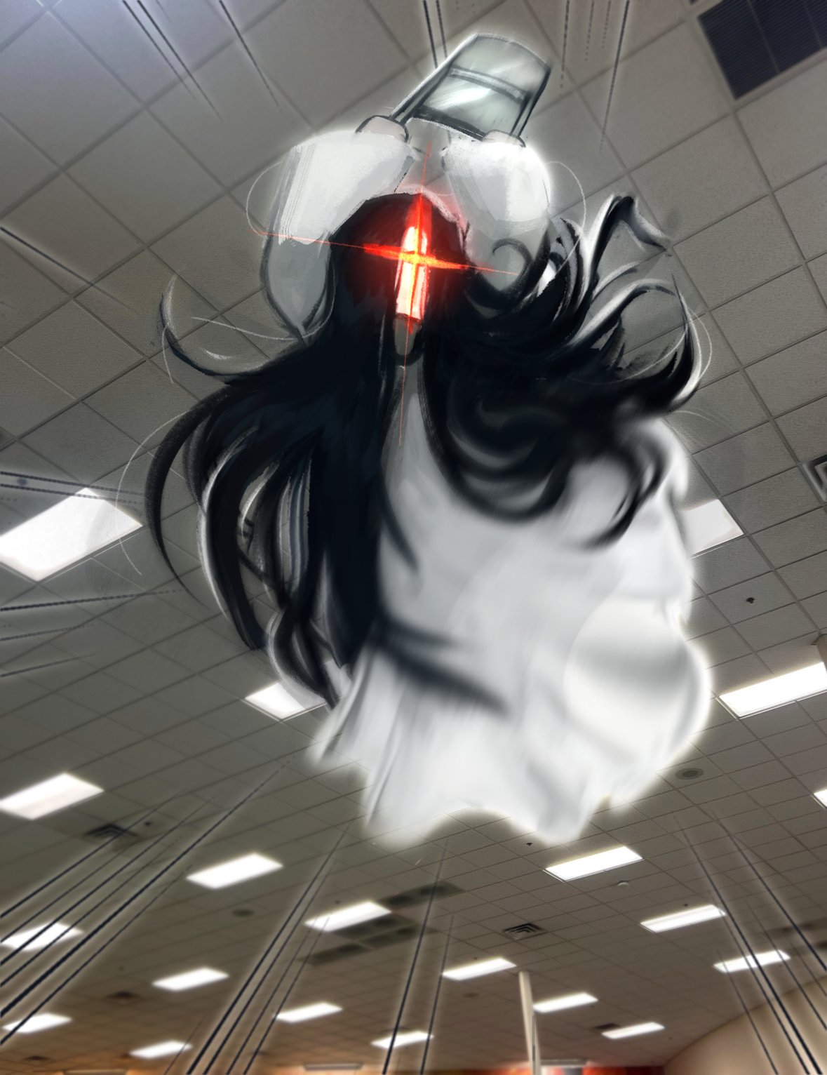1girl, astra_(astralisarts), black_hair, breasts, ceiling, ceiling_light, dress, falling