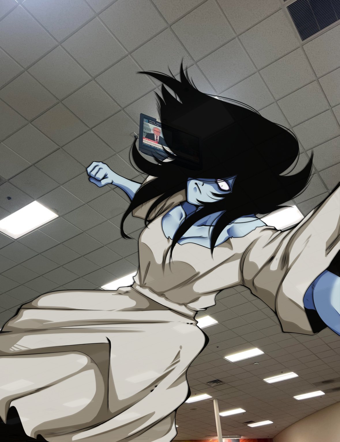 1girl, black_hair, ceiling, ceiling_light, clenched_hand, closed_mouth, collarbone, dodo_sparks