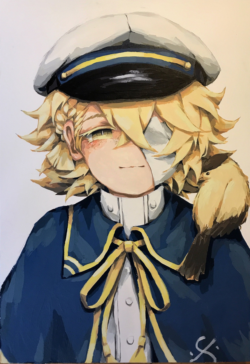 1boy, absurdres, animal, animal_on_shoulder, bandage_over_one_eye, billie_x, bird, bird_on_shoulder, blonde_hair, blue_capelet, buttons, capelet, colored_eyelashes, freckles, gouache_(medium), hat, highres, james_(vocaloid), light_blush, looking_at_viewer, maghni_ai, messy_hair, oliver_(maghni_ai), oliver_(vocaloid), painting_(medium), ribbon, sailor_hat, shirt, short_hair, simple_background, smile, traditional_media, vocaloid, white_background, white_headwear, white_shirt, yellow_eyes, yellow_ribbon