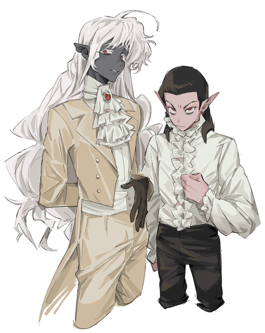 >:(, 2boys, ahoge, arm_behind_back, ascot, baldur's_gate, baldur's_gate_3, black_hair, black_pants, brown_gloves, buttons, cazador_(baldur's_gate), center_frills, clenched_hand, colored_eyelashes, colored_skin, cowboy_shot, cropped_legs, dungeons_and_dragons, ear_piercing, elf, frilled_shirt, frills, frown, gloves, grey_skin, hand_on_own_stomach, highres, long_hair, long_sleeves, looking_at_viewer, male_focus, medium_hair, multiple_boys, pants, parted_lips, piercing, pointy_ears, red_eyes, sanpaku, shirt, simple_background, standing, tailcoat, v-shaped_eyebrows, vellioth, white_ascot, white_background, white_hair, white_shirt, whxqxqaaa!, yellow_pants