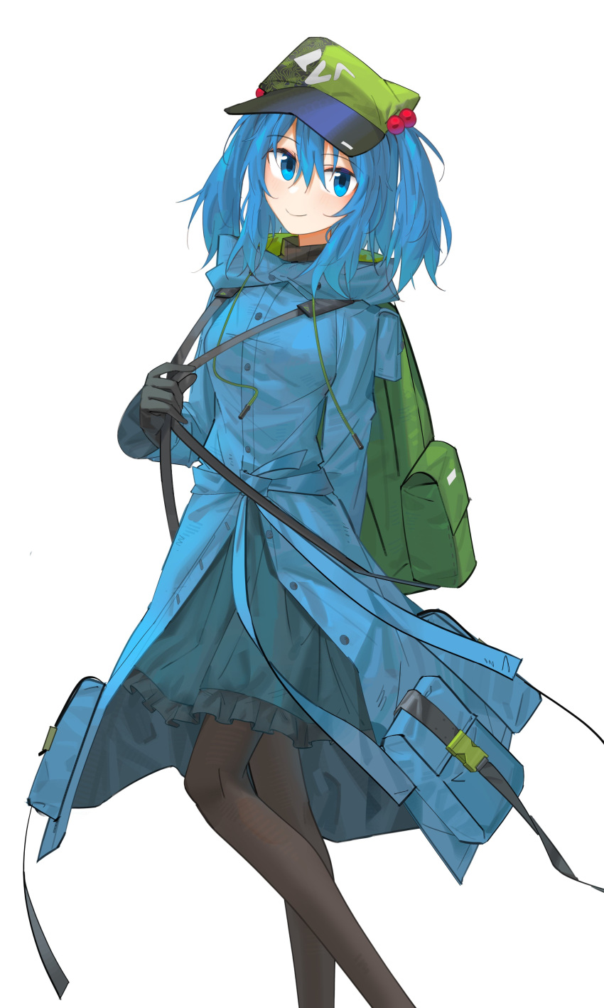 1girl, absurdres, aesur_a, backpack, bag, black_gloves, black_pantyhose, blue_dress, blue_eyes, blue_hair, closed_mouth, dress, flat_cap, gloves, green_headwear, hair_bobbles, hair_ornament, hat, highres, kawashiro_nitori, looking_at_viewer, pantyhose, pocket, short_hair, simple_background, smile, solo, touhou, twintails, two_side_up, white_background