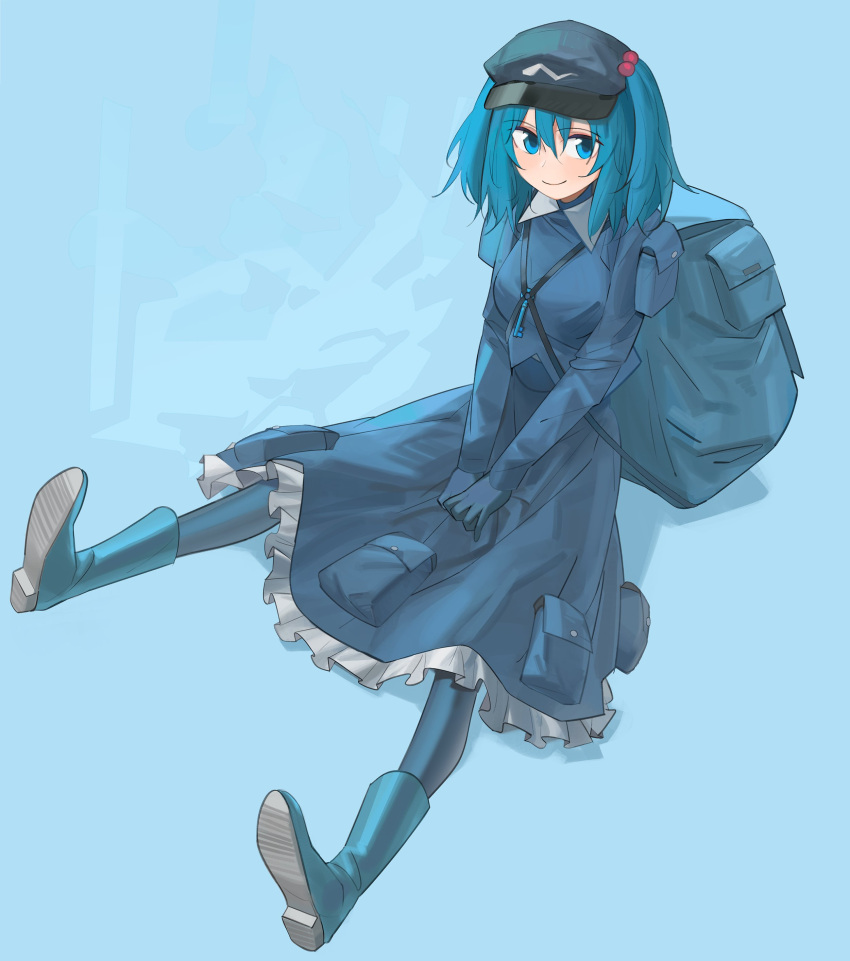 1girl, absurdres, aesur_a, backpack, bag, blue_background, blue_eyes, blue_footwear