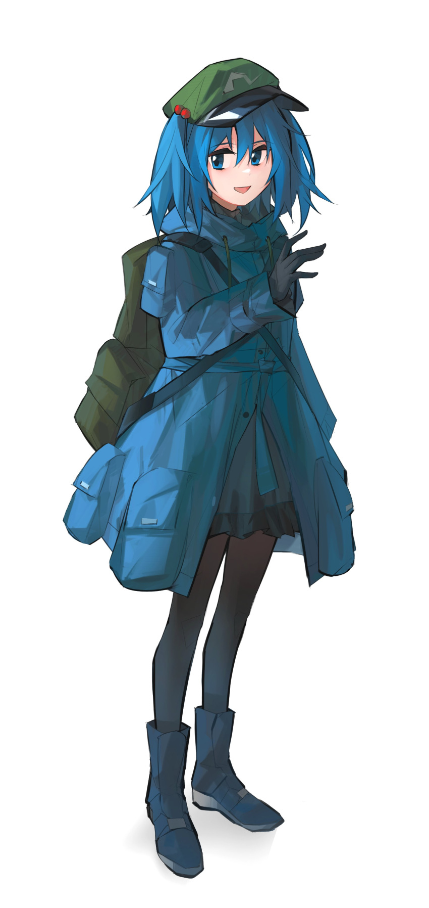 1girl, absurdres, aesur_a, backpack, bag, black_gloves, blue_footwear, blue_jacket, flat_cap, full_body, gloves, green_headwear, hat, highres, jacket, kawashiro_nitori, long_sleeves, looking_at_viewer, pocket, simple_background, solo, touhou, twintails, white_background