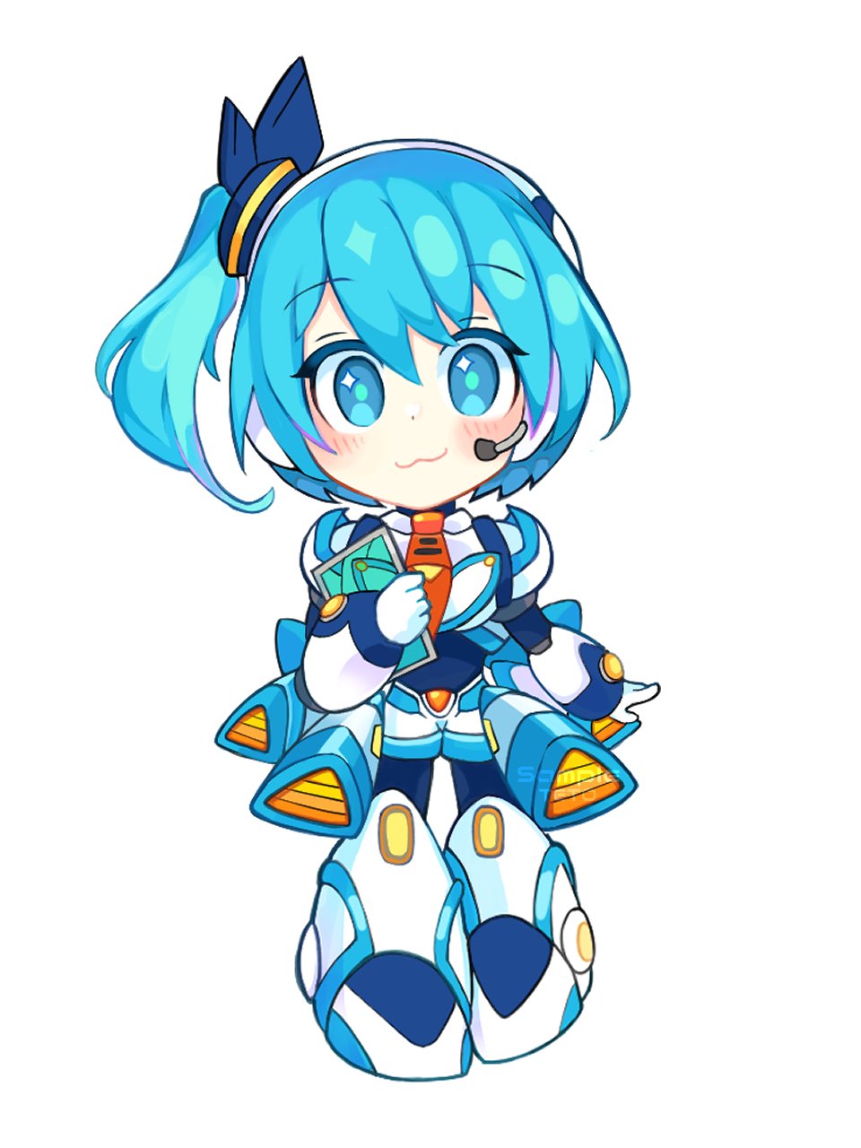 1girl, armor, blue_eyes, blue_hair, blush, chibi, high_side_ponytail, highres
