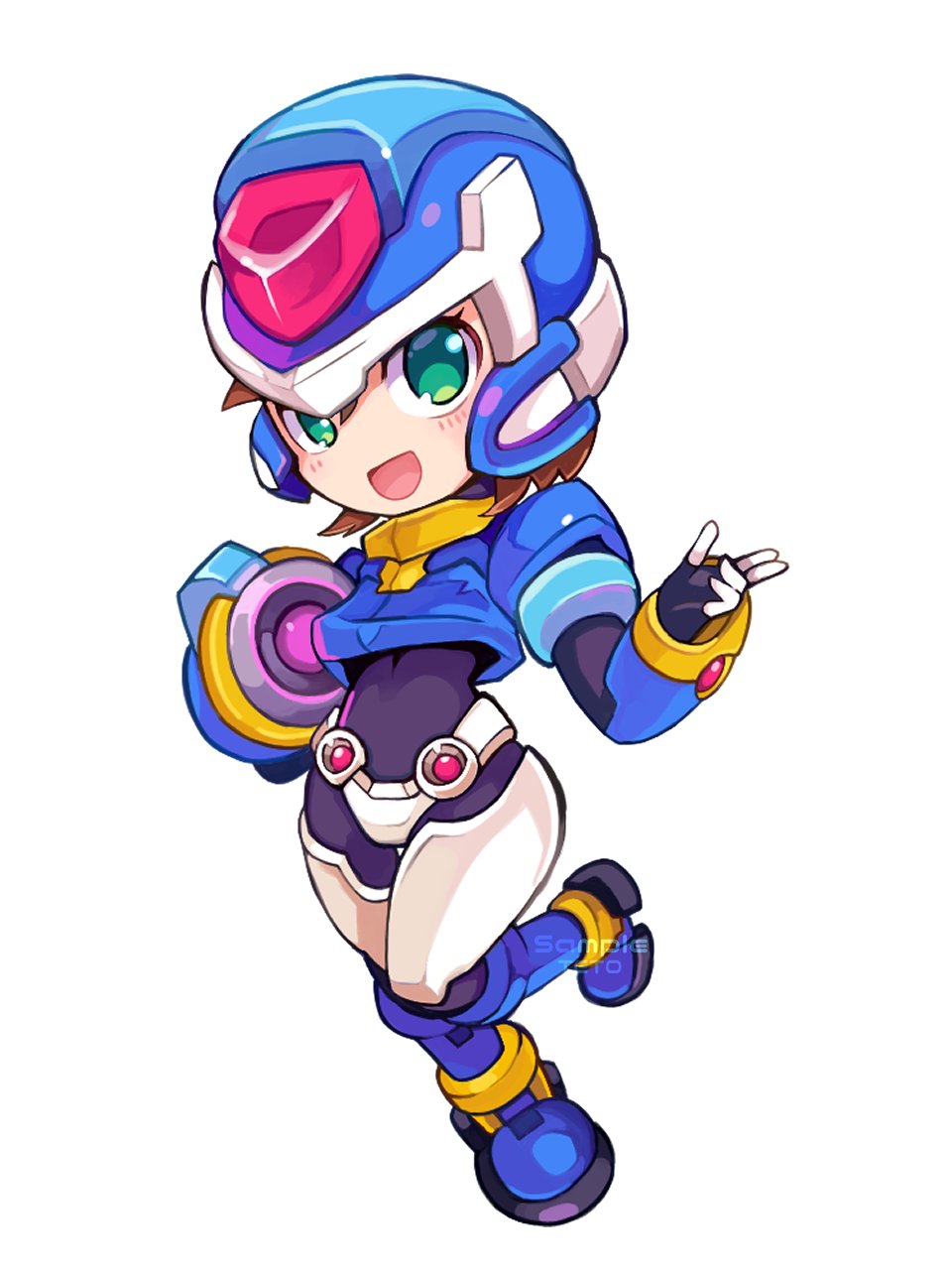 1girl, aile_(mega_man_zx), arm_cannon, armor, black_bodysuit, blue_headwear, blush, bodysuit