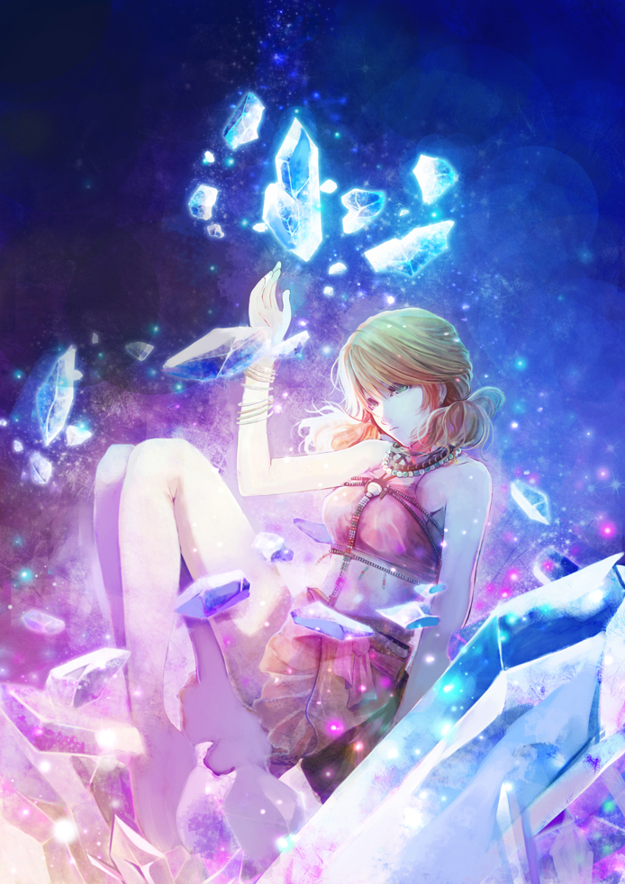 1girl, crystal, female, final_fantasy, final_fantasy_xiii, green_eyes, jewelry, kllsiren, midriff, necklace, oerba_dia_vanille, orange_hair, solo, twintails