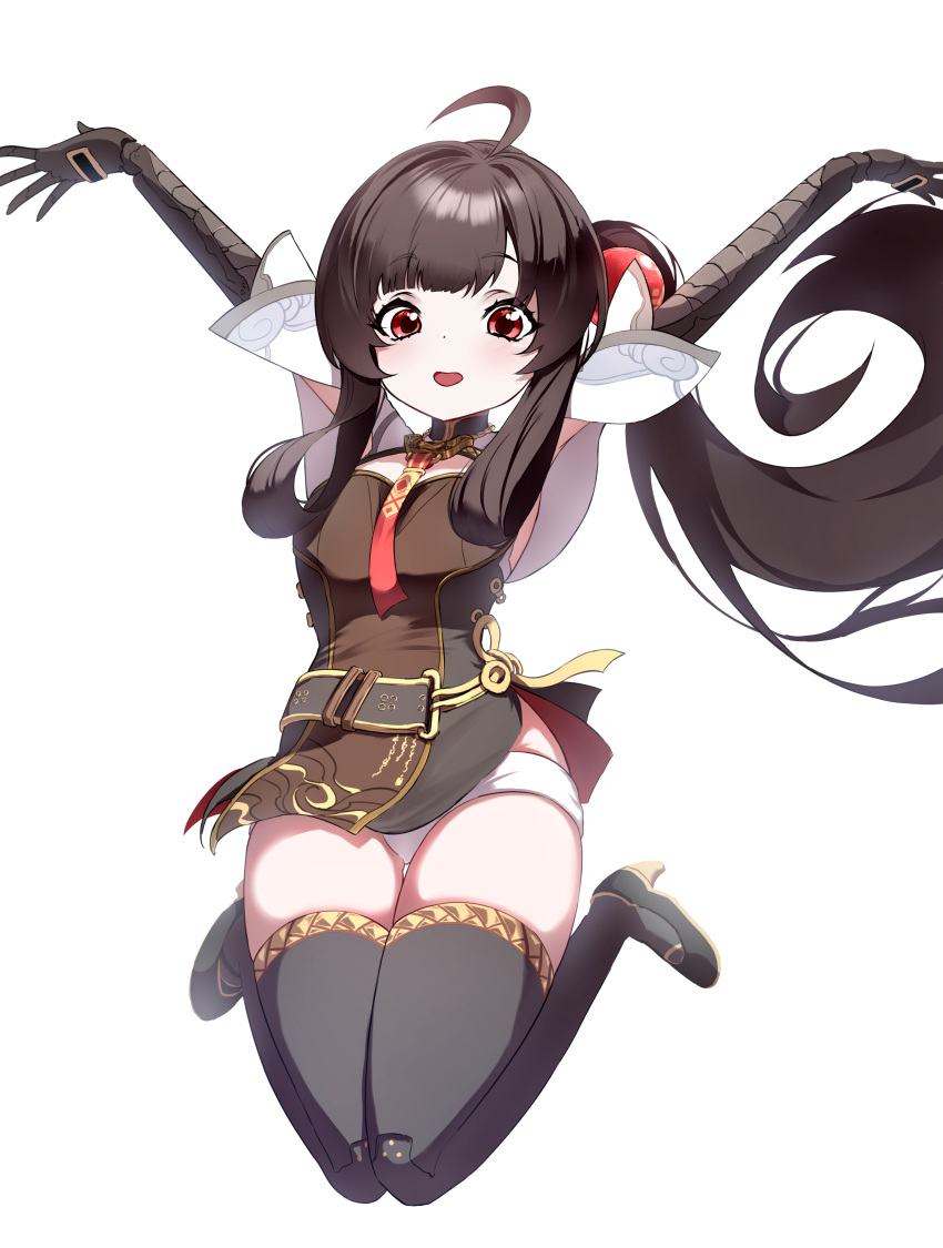 1girl, absurdres, ahoge, black_hair, black_thighhighs, brown_dress, china_dress, chinese_clothes