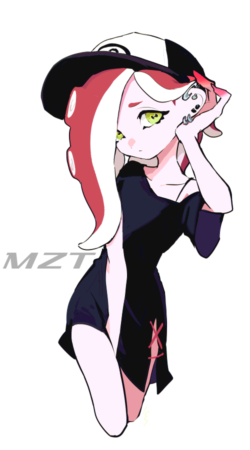 1girl, :<, baseball_cap, between_legs, black_dress, bra_strap, cephalopod_eyes, closed_mouth