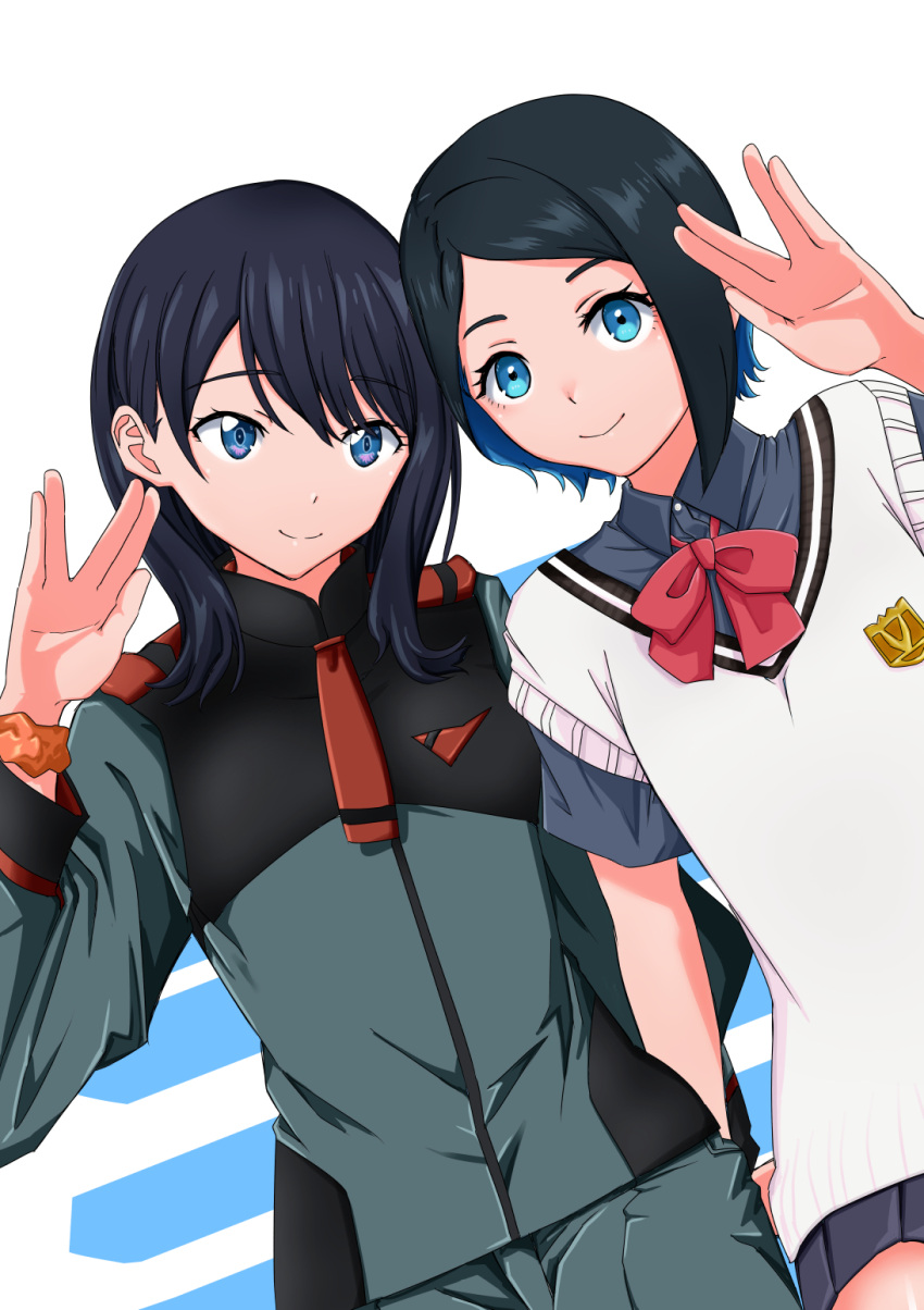 2girls, asticassia_school_uniform, black_hair, black_skirt, blue_eyes, blue_hair, bow, bowtie