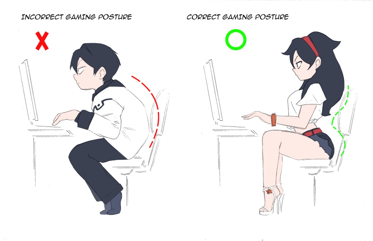 1boy, 1girl, black_hair, chair, correct_gaming_posture_(meme), english_text, from_side, genderswap, genderswap_(mtf), hairband, high_heels, long_hair, long_sleeves, male_focus, meme, red_hairband, shirt, short_hair, short_sleeves, simple_background, sitting, t-shirt, thedansandoval, typing, white_shirt