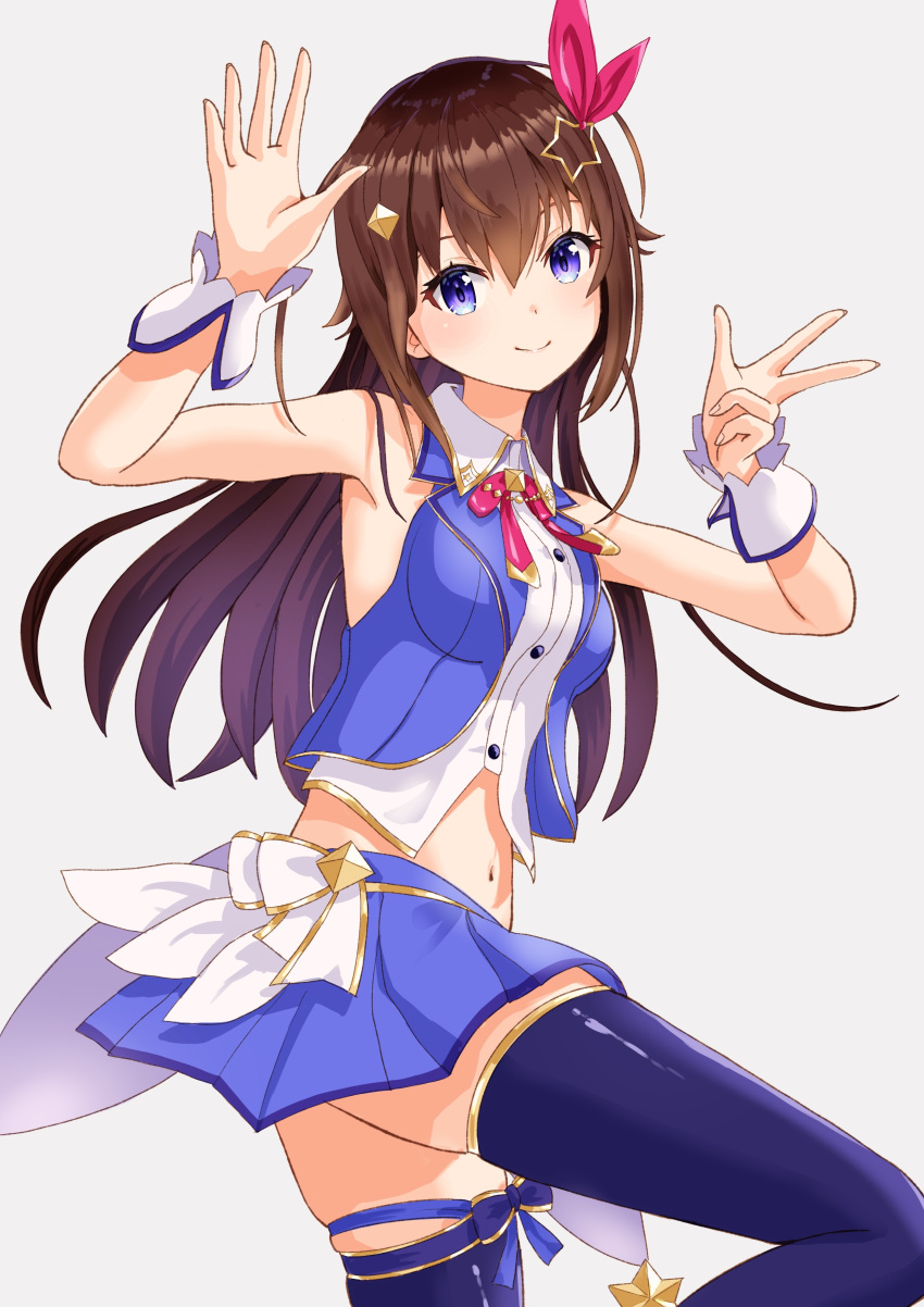 1girl, absurdres, blue_eyes, blue_thighhighs, blue_vest, breasts, brown_hair, cropped_shirt