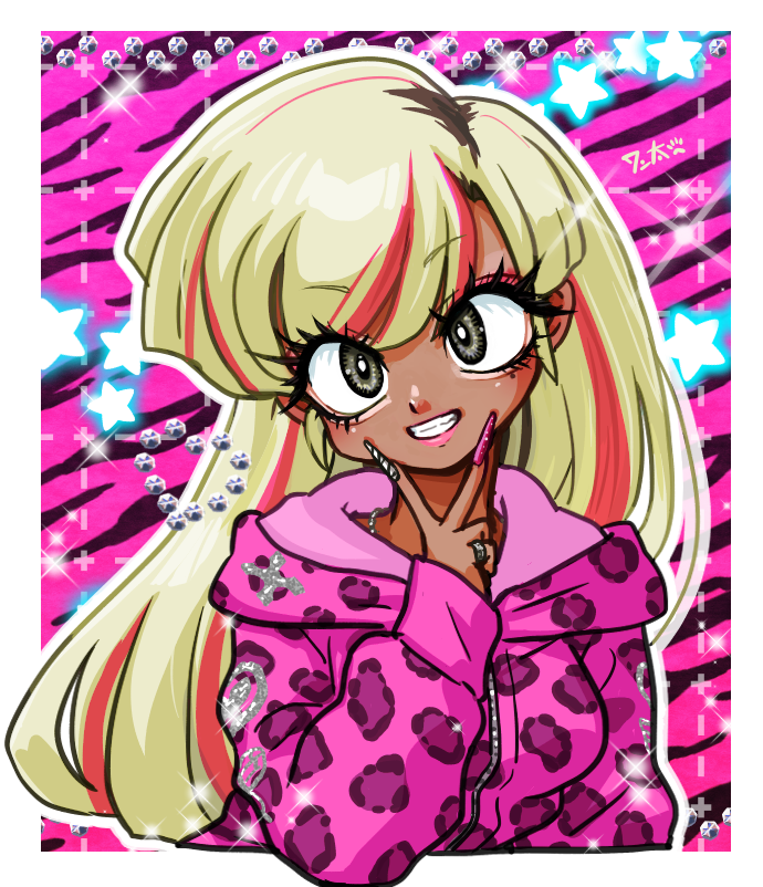 1girl, arm_up, blonde_hair, breasts, brown_eyes, fake_eyelashes, grin, gyaru