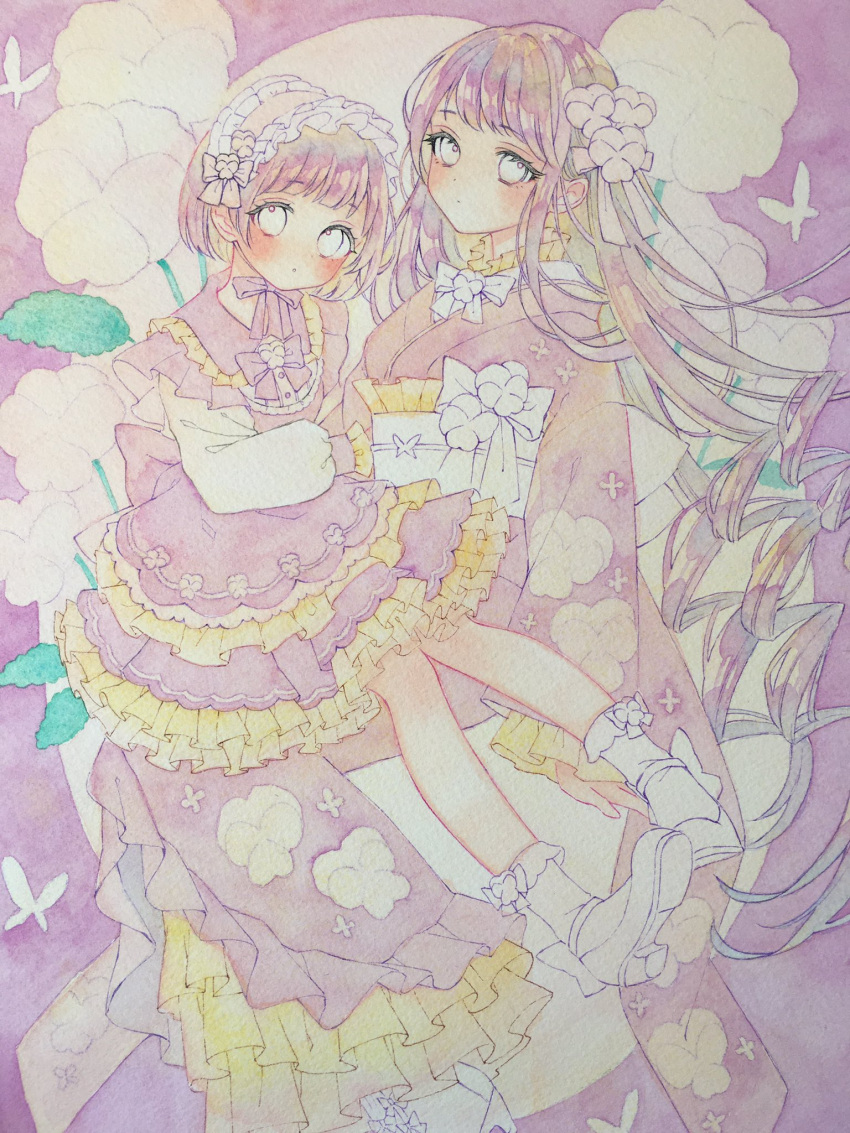 2girls, amu_(m_aa), blush, bow, bug, butterfly, dress, floral_print