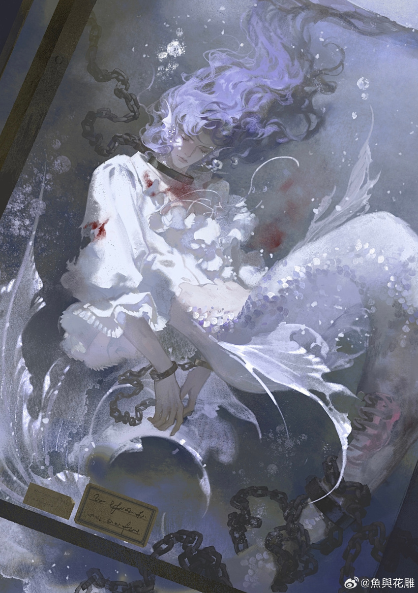 1girl, absurdres, air_bubble, blood, blood_on_clothes, bound, bubble, chain