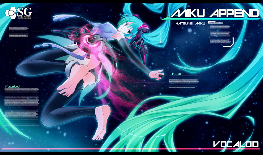 aqua_eyes, aqua_hair, bad_id, barefoot, belt, bridal_gauntlets, elbow_gloves, error, feet, fingerless_gloves, gloves, hatsune_miku, hatsune_miku_(append), highres, long_hair, miku_append, necktie, saikikazuya, soles, solo, toeless_socks, twintails, very_long_hair, vocaloid, vocaloid_append, wrong_feet