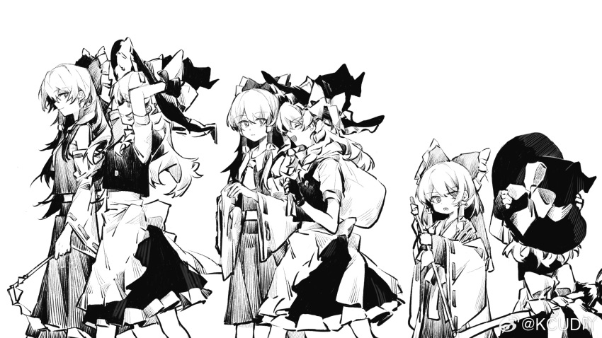 2girls, age_progression, annoyed, apron, arms_up, back_bow, bow, chinese_commentary