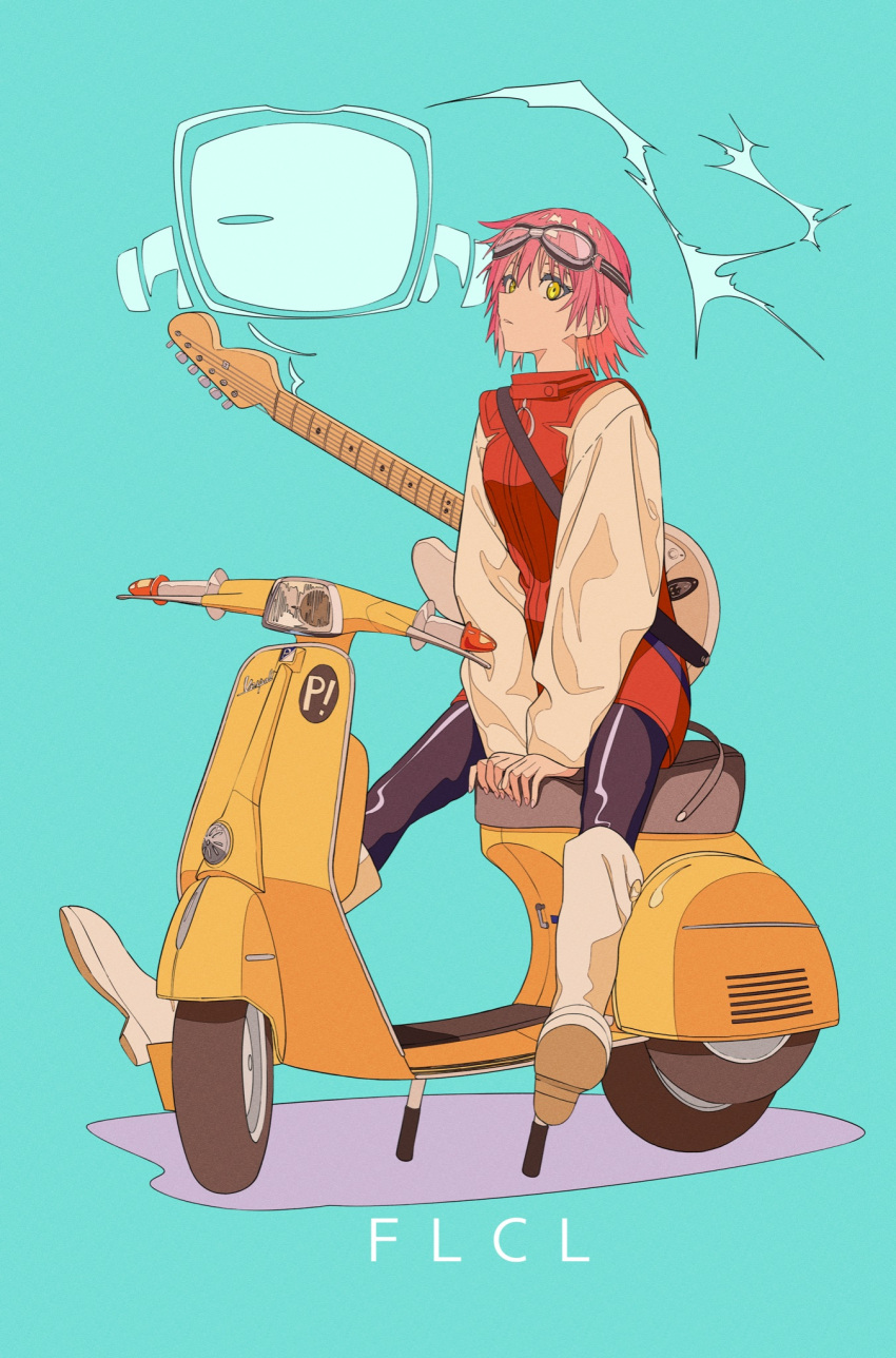 1girl, aqua_background, bass_guitar, blonde_hair, boots, expressionless, flcl, full_body