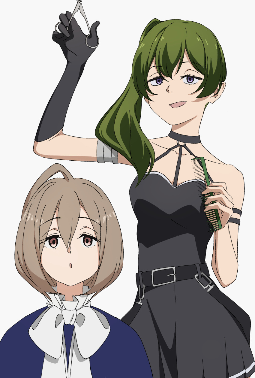 2girls, :d, :o, absurdres, alternate_hair_length, alternate_hairstyle, arm_up, belt
