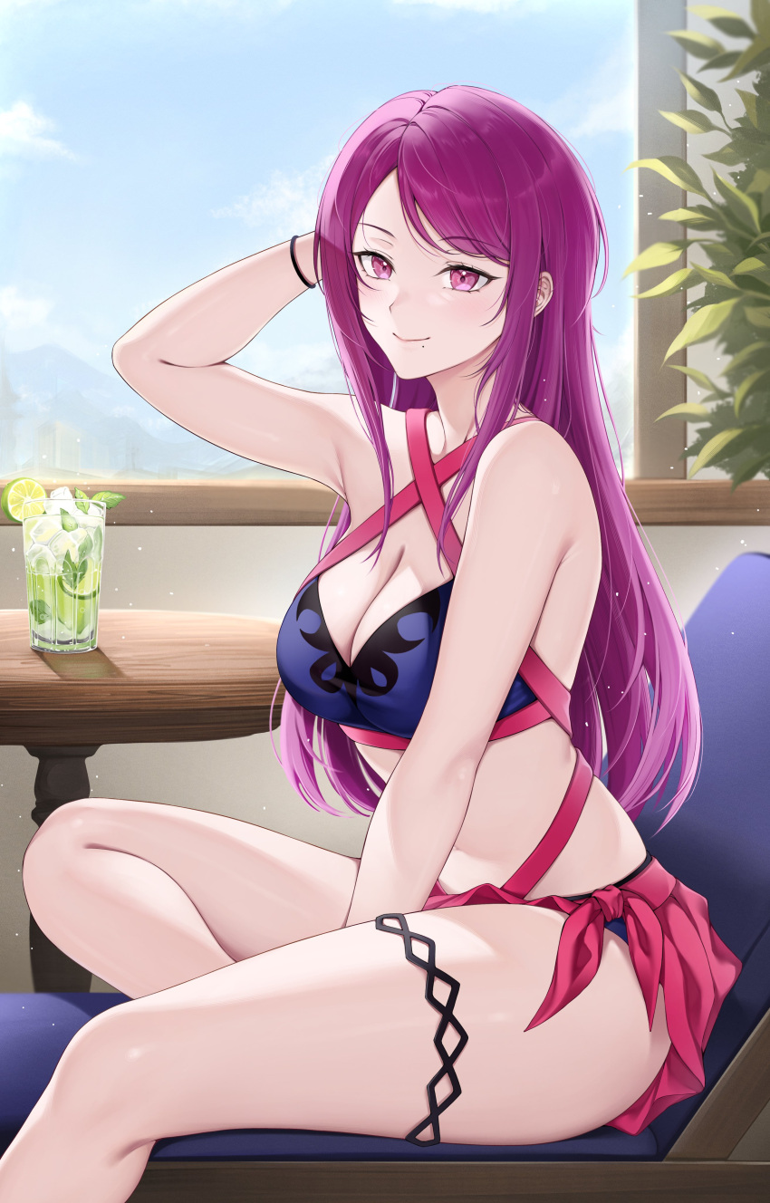 1girl, absurdres, alternate_costume, bikini, blue_bikini, blush, breasts, fire_emblem, fire_emblem_engage, fire_emblem_heroes, foxie30, highres, ivy_(fire_emblem), ivy_(summer)_(fire_emblem), long_hair, looking_at_viewer, purple_hair, sarong, smile, solo, swimsuit, very_long_hair, violet_eyes
