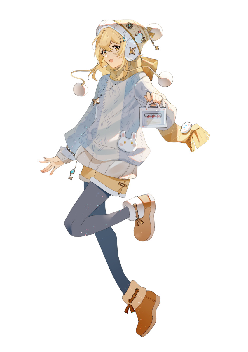 1girl, alternate_costume, arm_at_side, beanie, black_pantyhose, blonde_hair, blue_sweater, boots